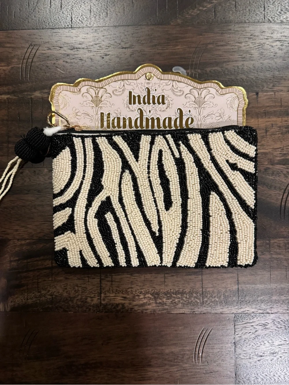 India Handmade Beaded Zebra Pouch - Black & Cream